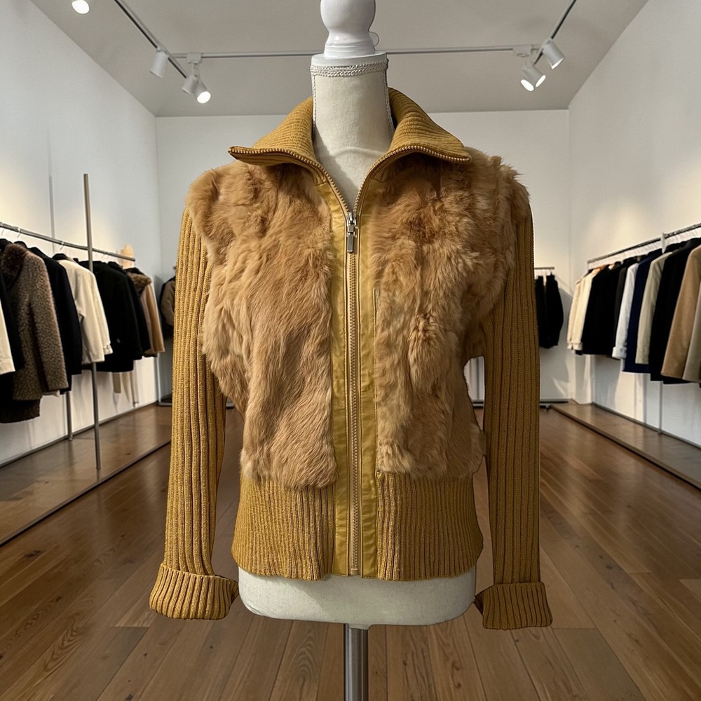 Leather USA Mustard Brown Genuine Rabbit Fur Ribbed Knit‎ Zip Up Cardigan XL